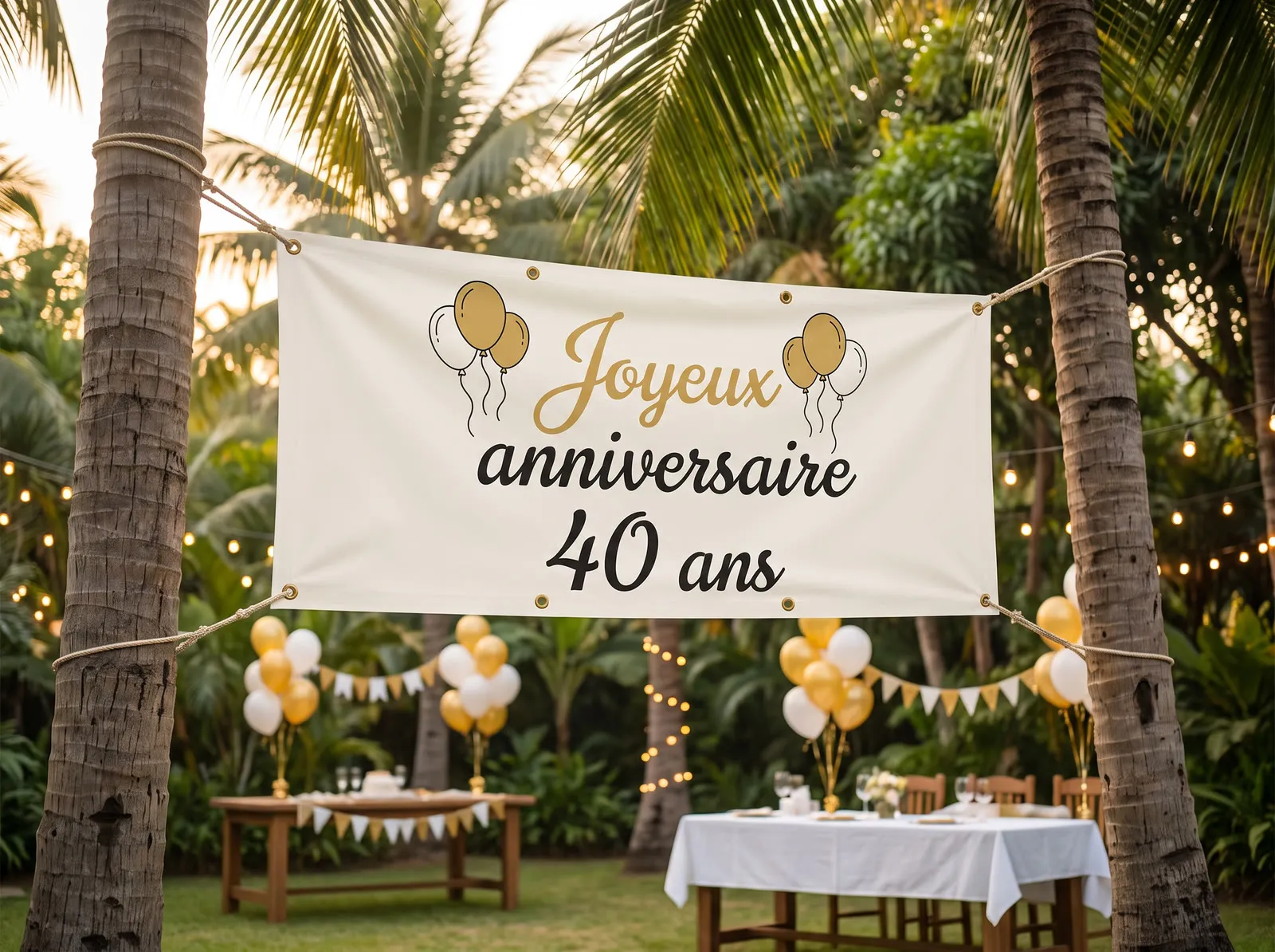 Bâche « Joyeux anniversaire 40 ans » entre deux palmiers