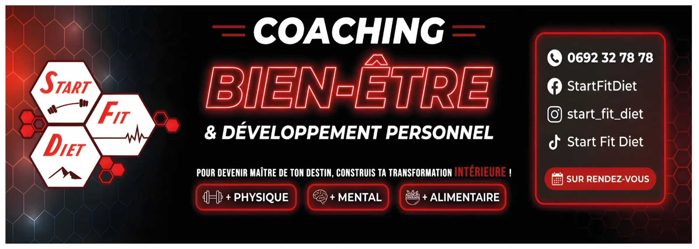Visuel de bâche grand format noir et rouge pour le coaching bien-être Start Fit Diet