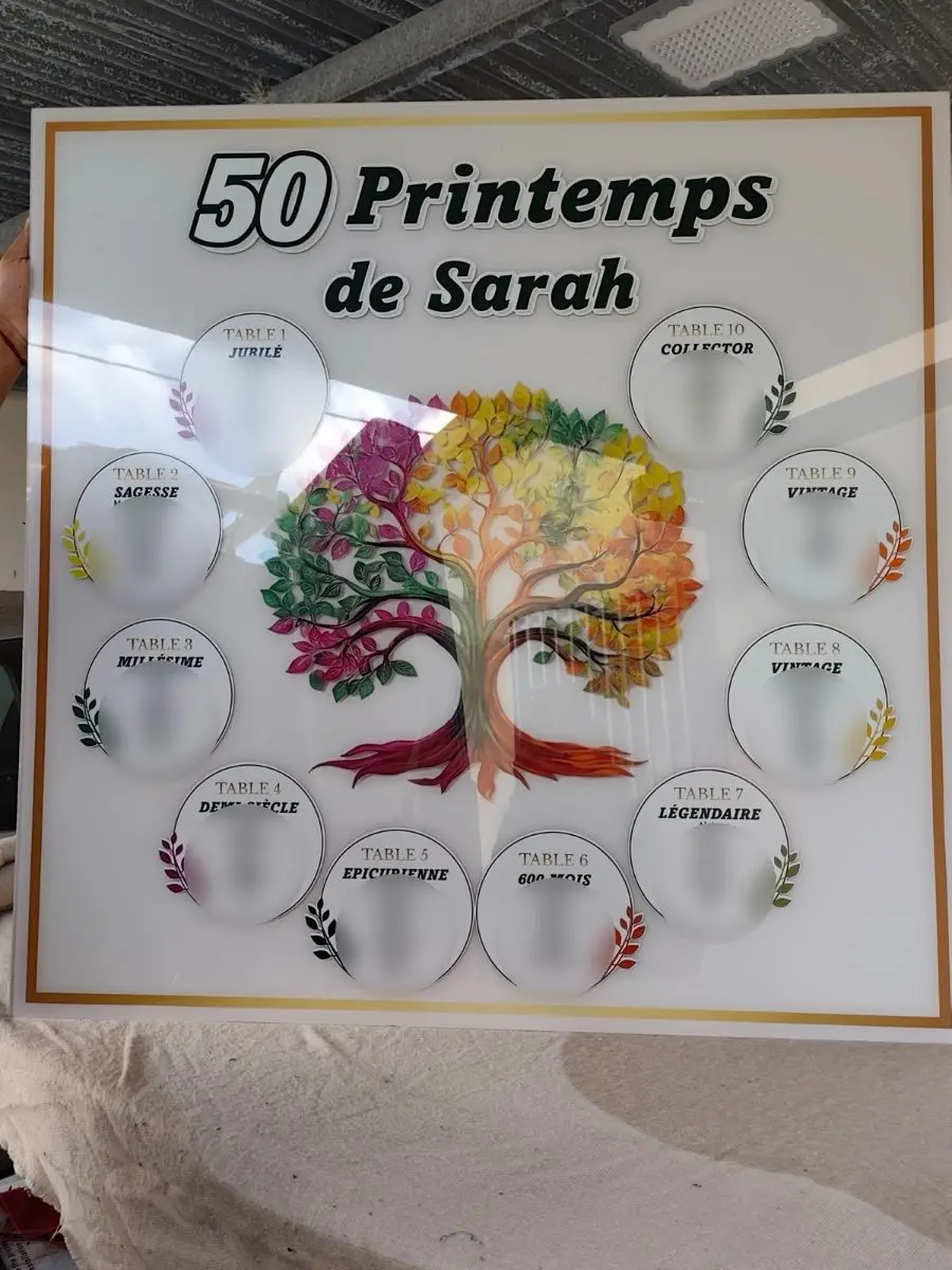 Grand plan de table d'anniversaire imprimé, arbre coloré au centre et dix tables en médaillons (prénoms floutés)