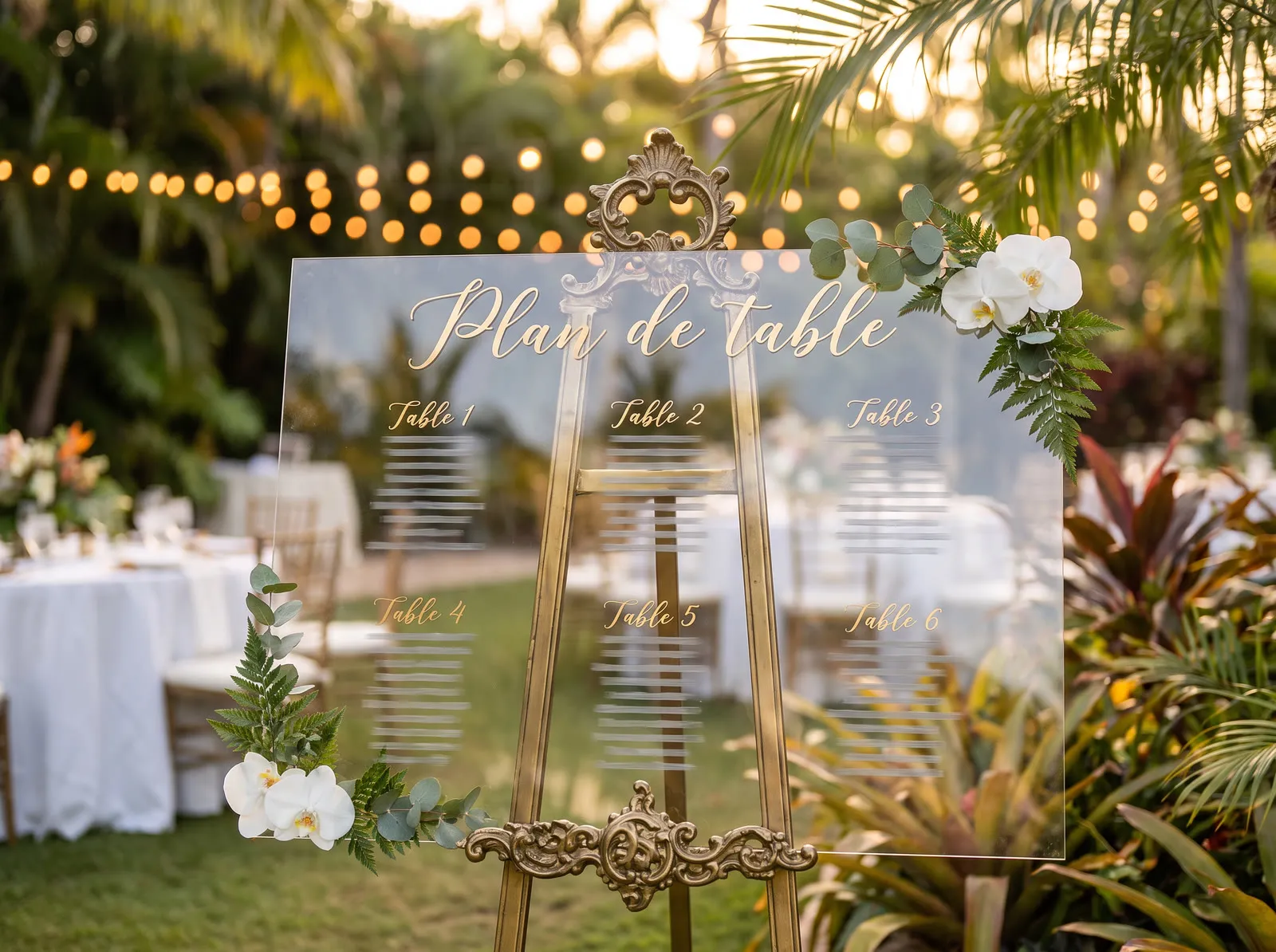 Plan de table de mariage imprimé sur plexiglas, sur un chevalet doré dans un jardin