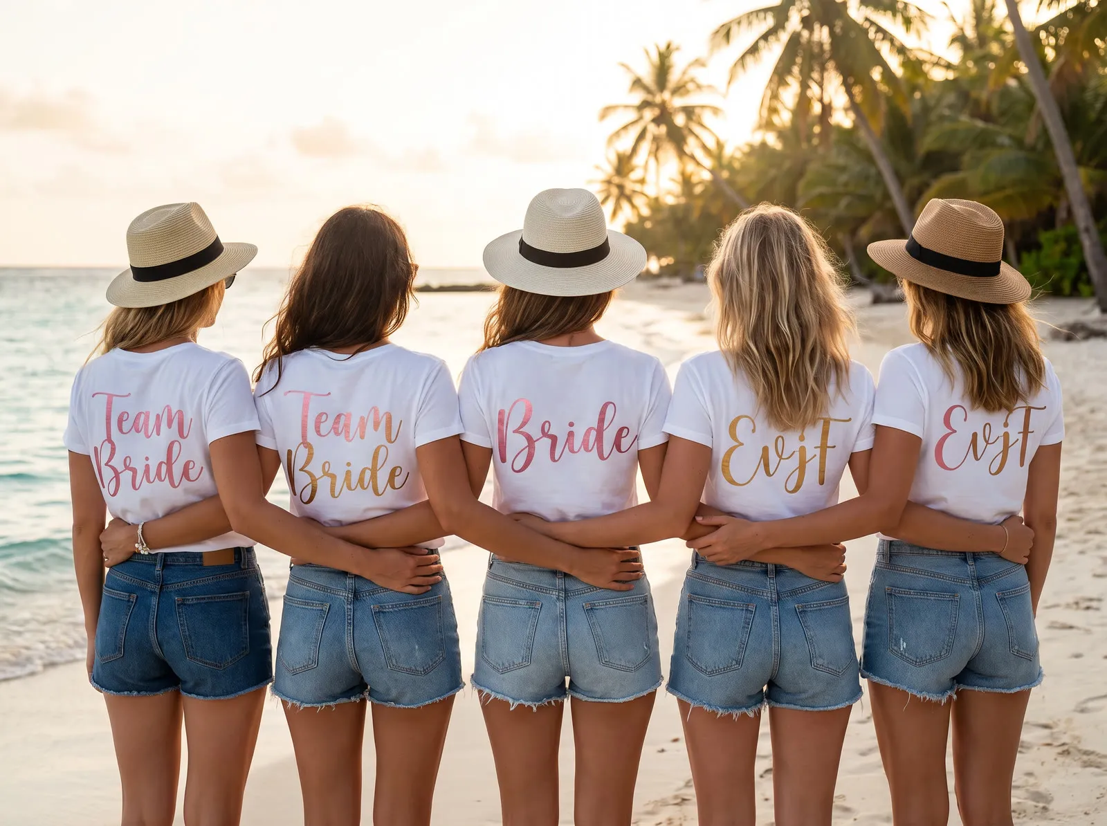 Amies de dos en t-shirts floqués Team Bride, Bride et EVJF